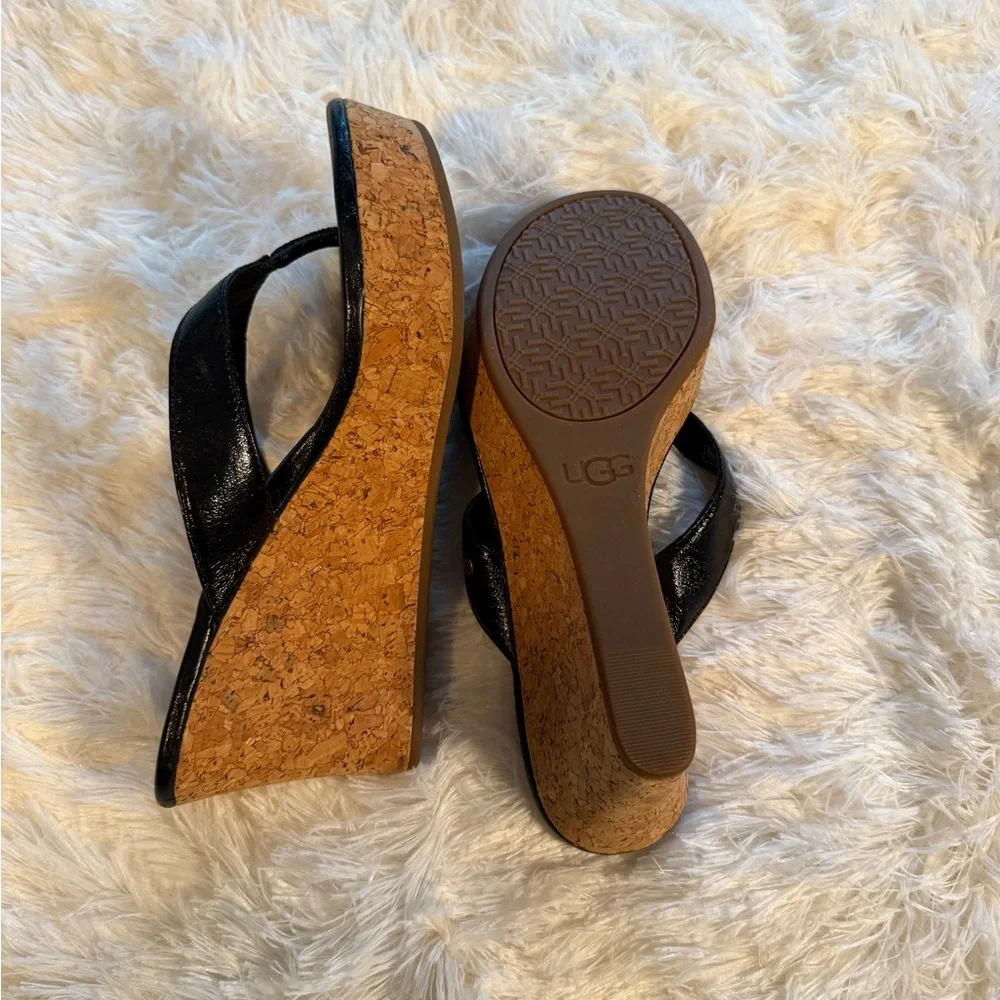 UGG Black Leather Cork Wedge Sandals